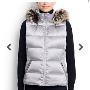 Lands' End Silver Puffer Vest with Faux Fur Trim